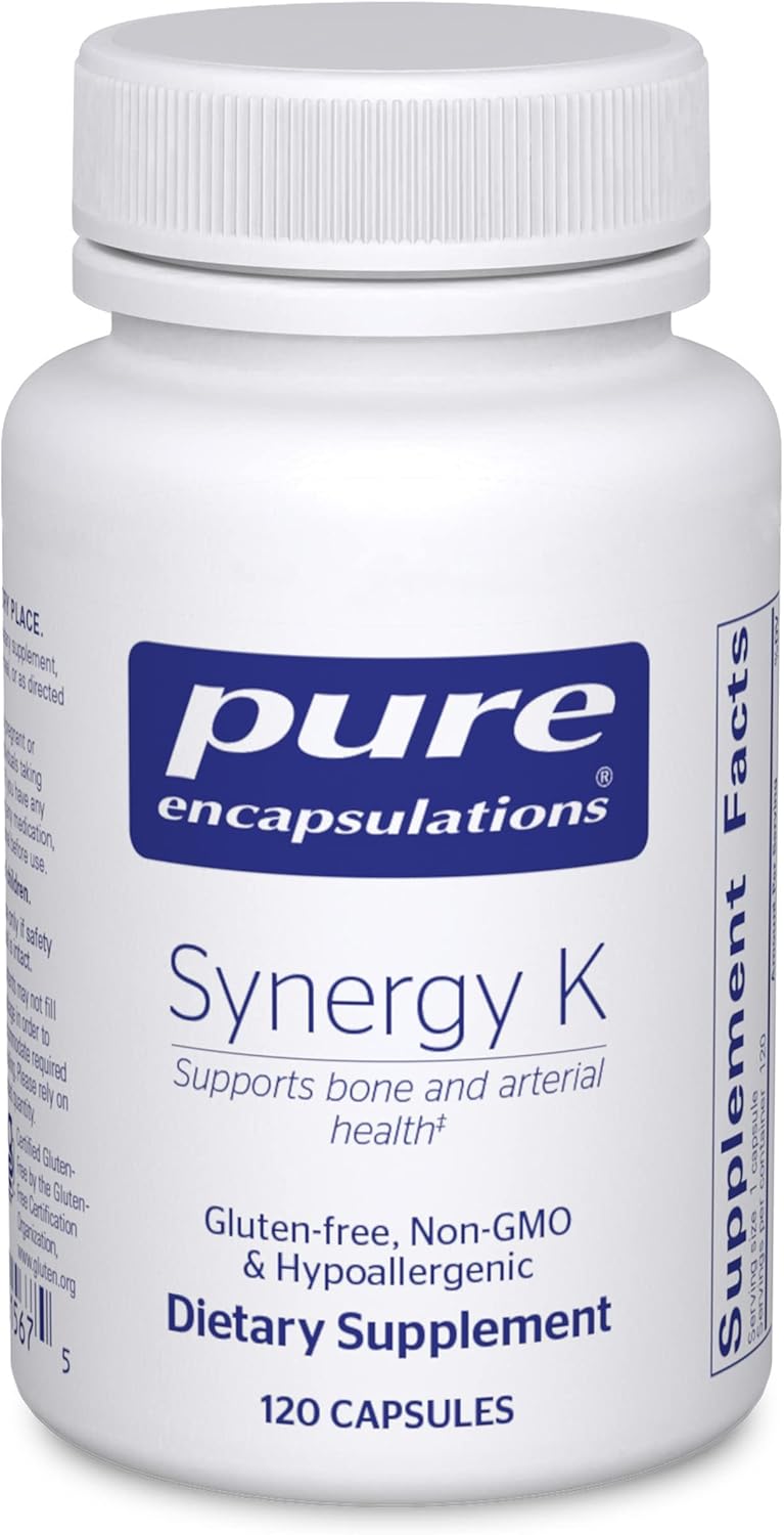 Pure Encapsulations Synergy K dietary supplement bottle with 120 capsules supporting bone and vascular health.