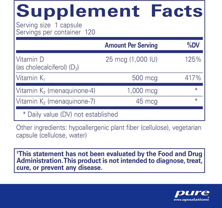 Pure Encapsulations Synergy K dietary supplement capsules supporting bone and vascular health, shown in a bottle.