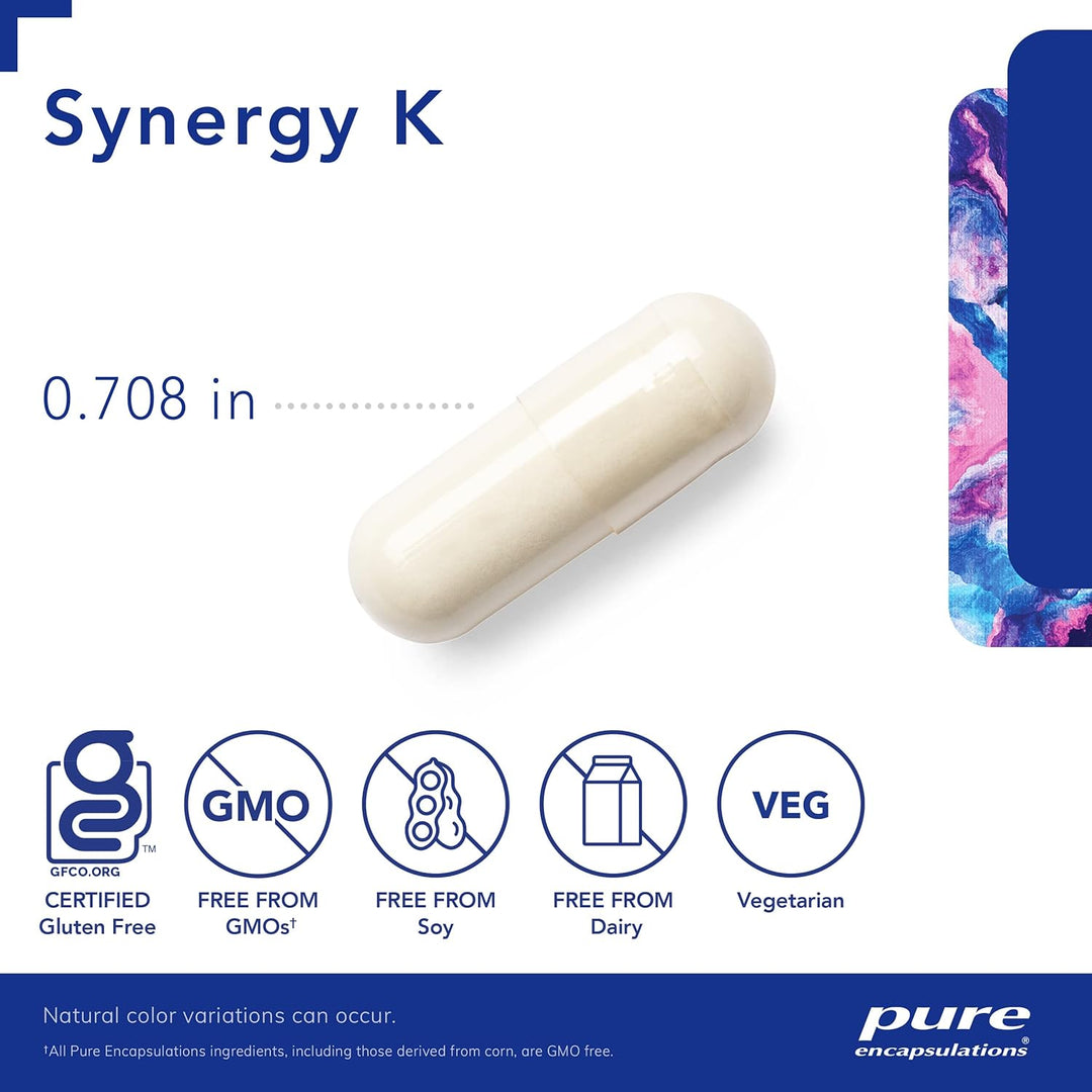 Pure Encapsulations Synergy K dietary supplement capsules supporting bone and vascular health, shown in a bottle.