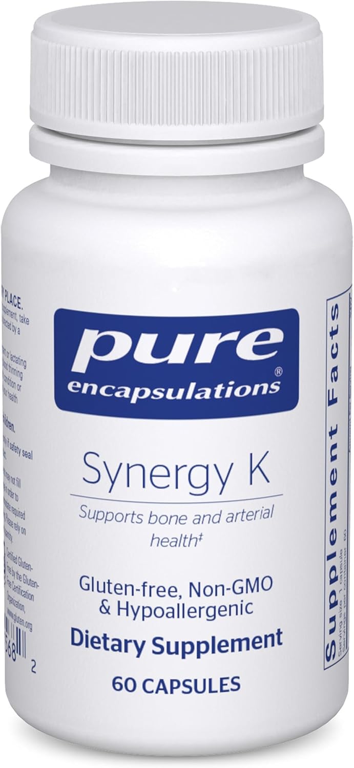 Pure Encapsulations Synergy K dietary supplement capsules supporting bone and vascular health, shown in a bottle.