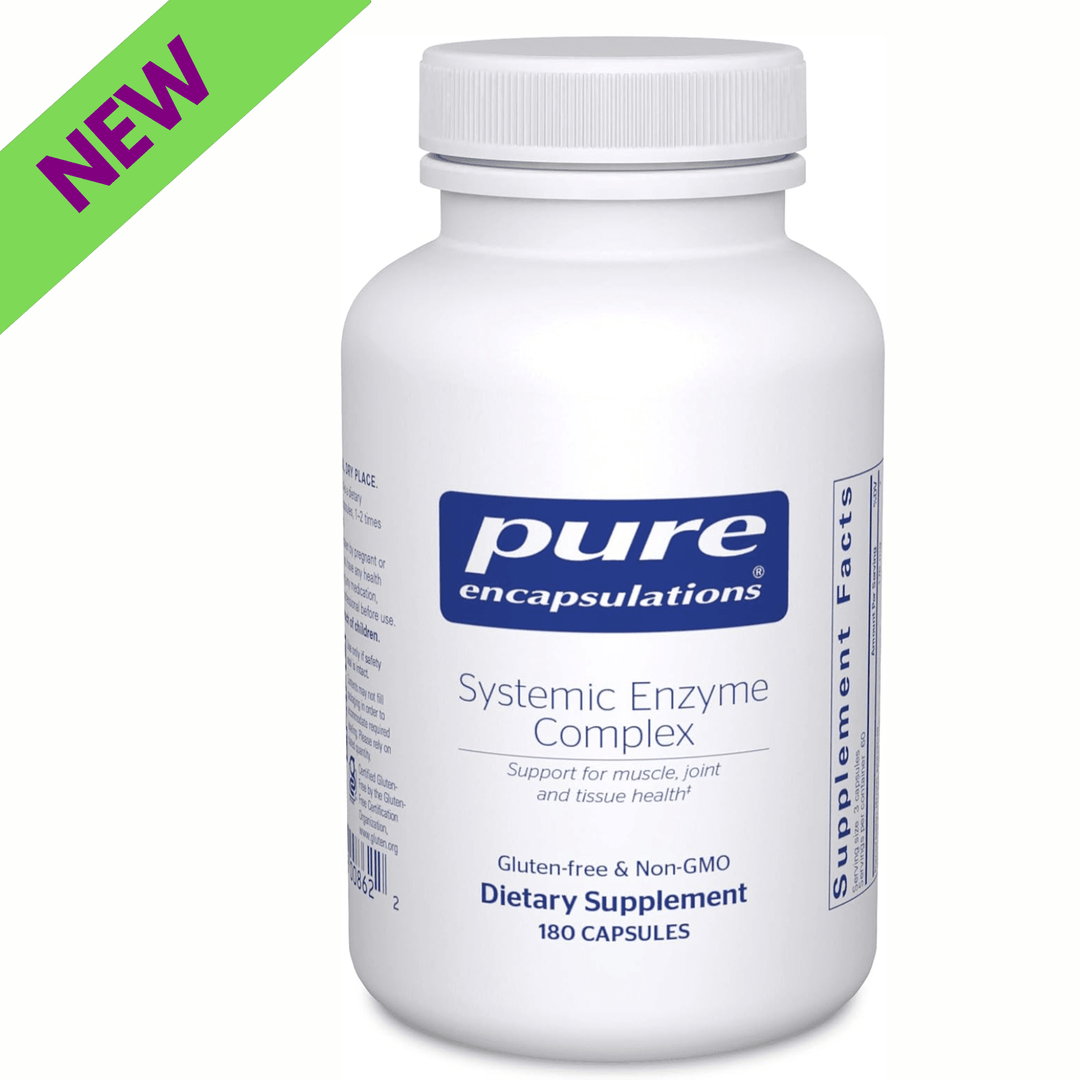 Pure Encapsulations systemic enzyme dietary supplement capsules supporting joints, muscles, and immune health in a bottle of 180.