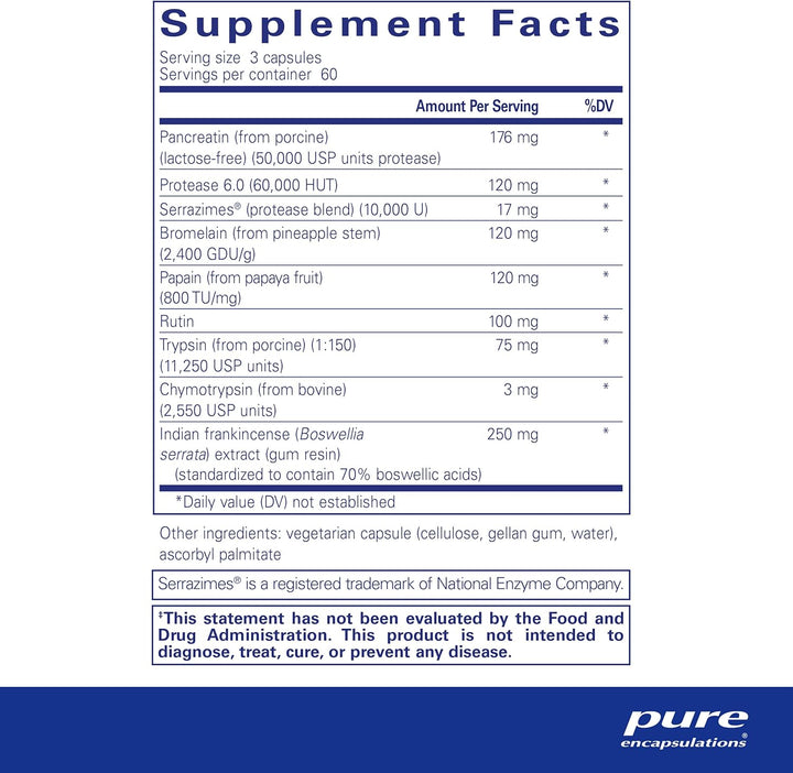 Pure Encapsulations systemic enzyme dietary supplement bottles showing 180 capsules for joint, muscle, and immune support.