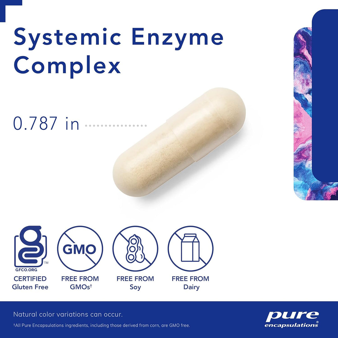 Pure Encapsulations systemic enzyme dietary supplement capsules supporting joints, muscles, and immune health.
