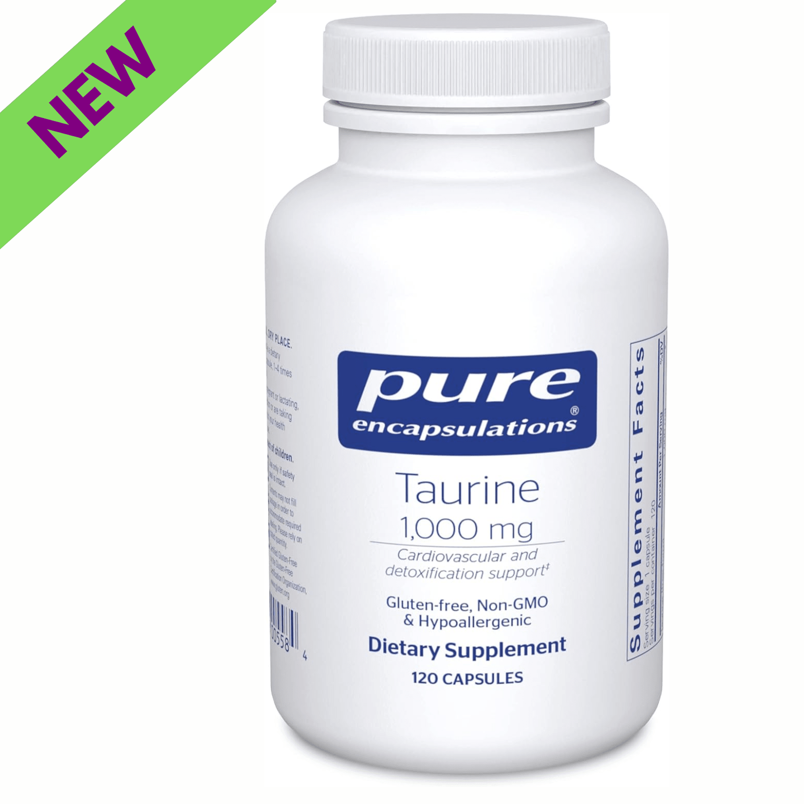 Pure Encapsulations Taurine 1000 mg dietary supplement bottle with 120 capsules, supporting heart and liver health.