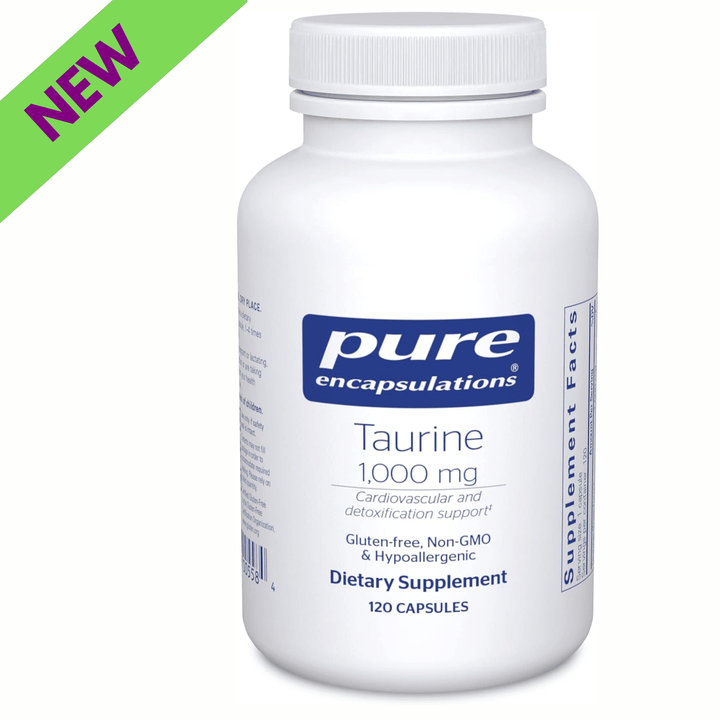 Pure Encapsulations Taurine 1000 mg dietary supplement bottle with 120 capsules, supporting heart and liver health.