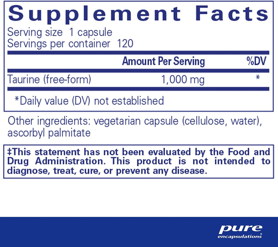 Pure Encapsulations Taurine 1000 mg dietary supplement bottles, supports heart and liver function, 120 capsules.