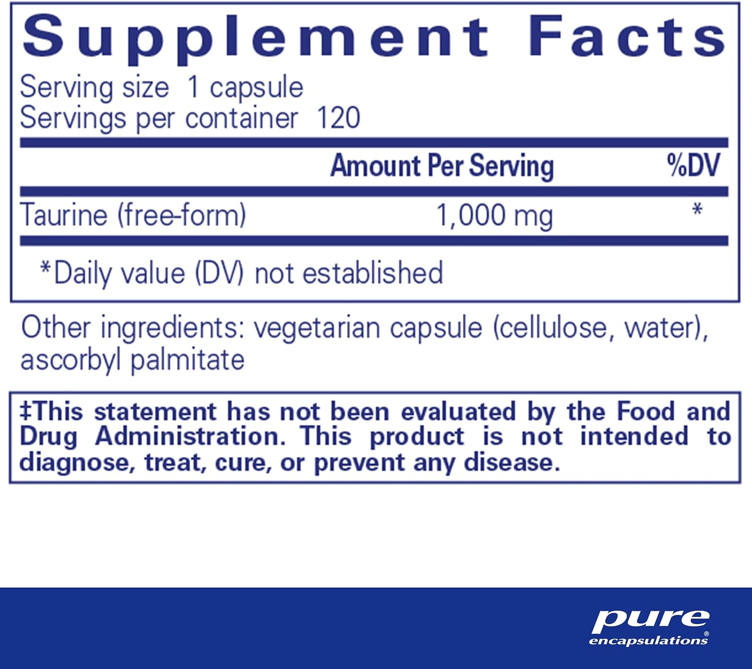 Pure Encapsulations Taurine 1000 mg dietary supplement bottles, supports heart and liver function, 120 capsules.