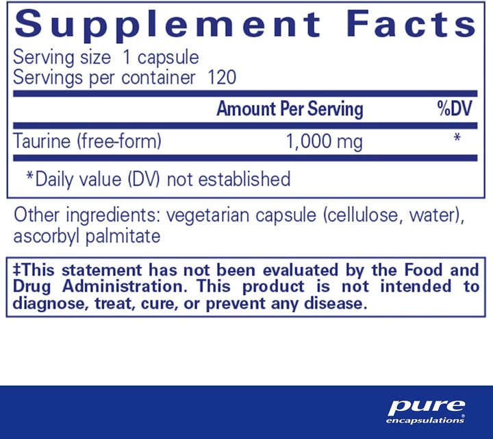 Pure Encapsulations Taurine 1000 mg dietary supplement bottles, supports heart and liver function, 120 capsules.