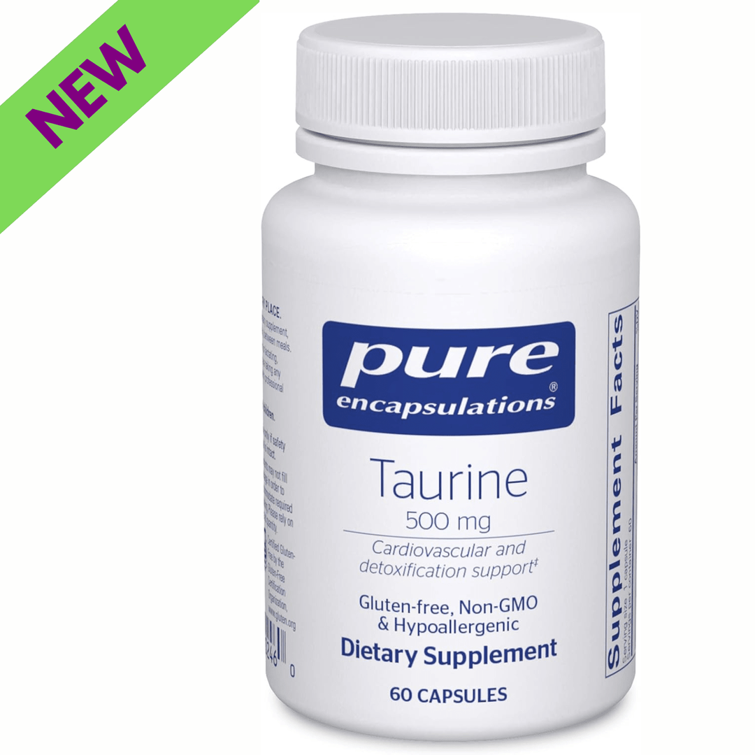 Pure Encapsulations Taurine 500 mg dietary supplement bottle with 60 capsules, supporting heart, liver, and eye health.