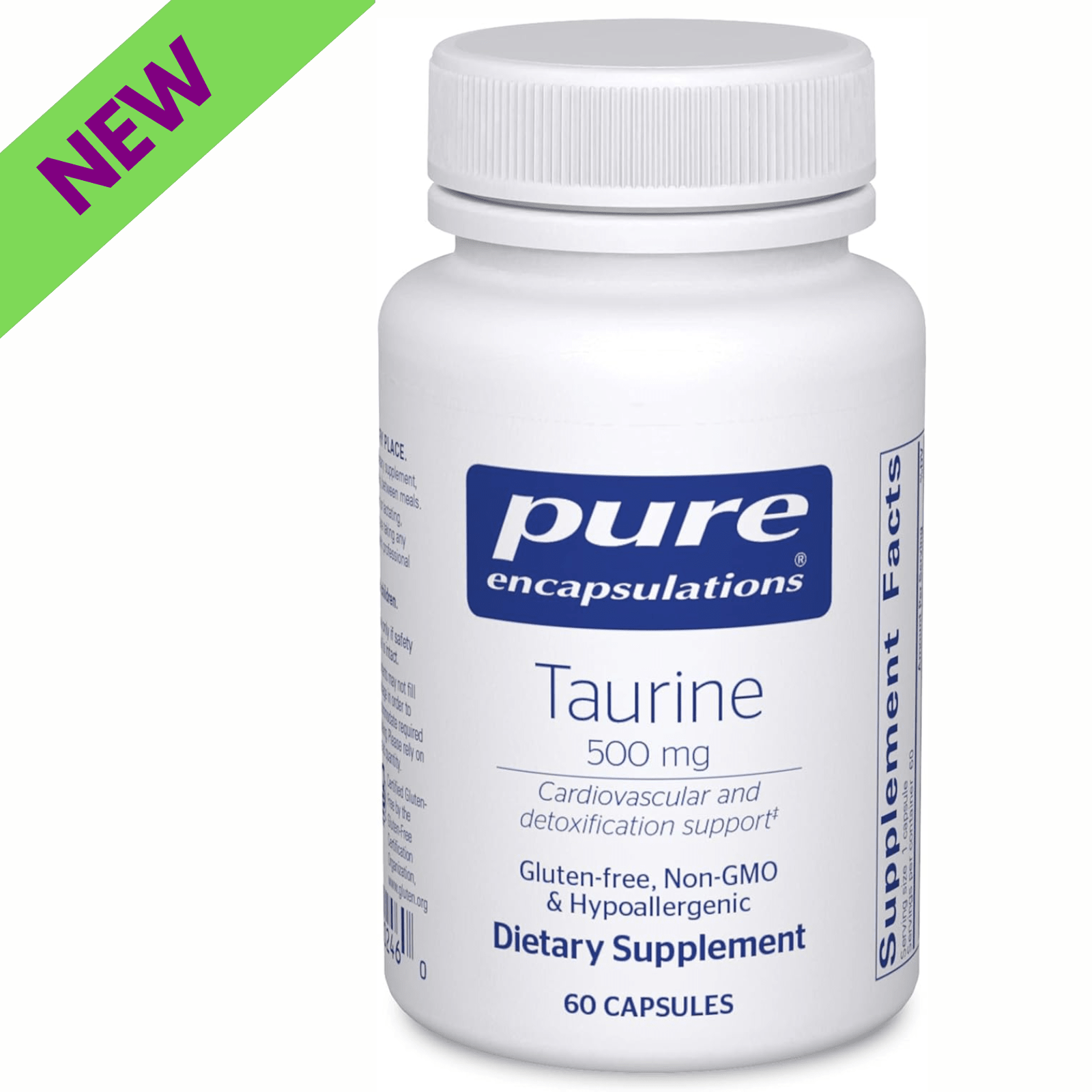Pure Encapsulations Taurine 500 mg dietary supplement bottle with 60 capsules, supporting heart, liver, and eye health.