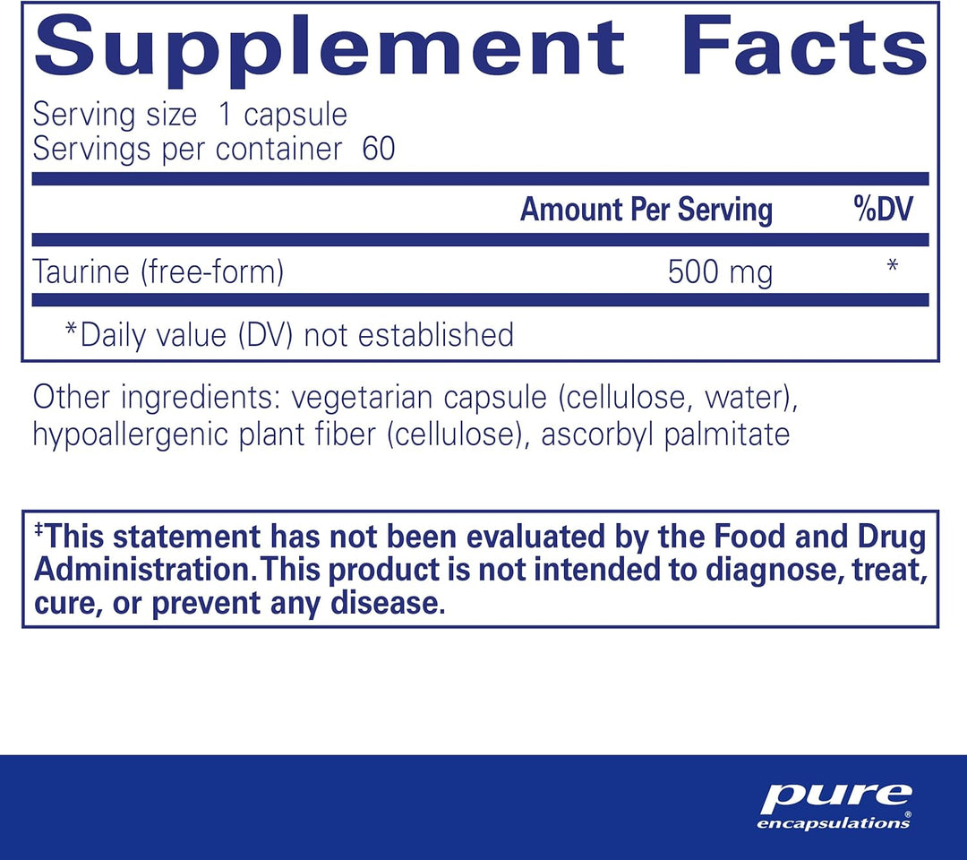 Pure Encapsulations Taurine 500 mg dietary supplement bottle with 60 capsules, supporting heart, liver, and eye health.