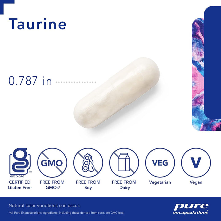 Pure Encapsulations Taurine 500 mg dietary supplement capsule for supporting heart, liver, and eye health.