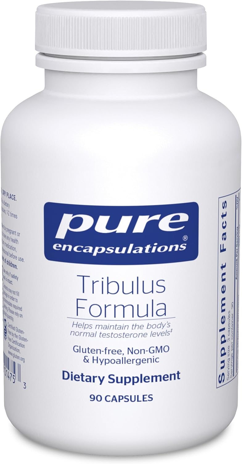 Pure Encapsulations Tribulus Formula dietary supplement bottle with 90 capsules for hormone balance support.