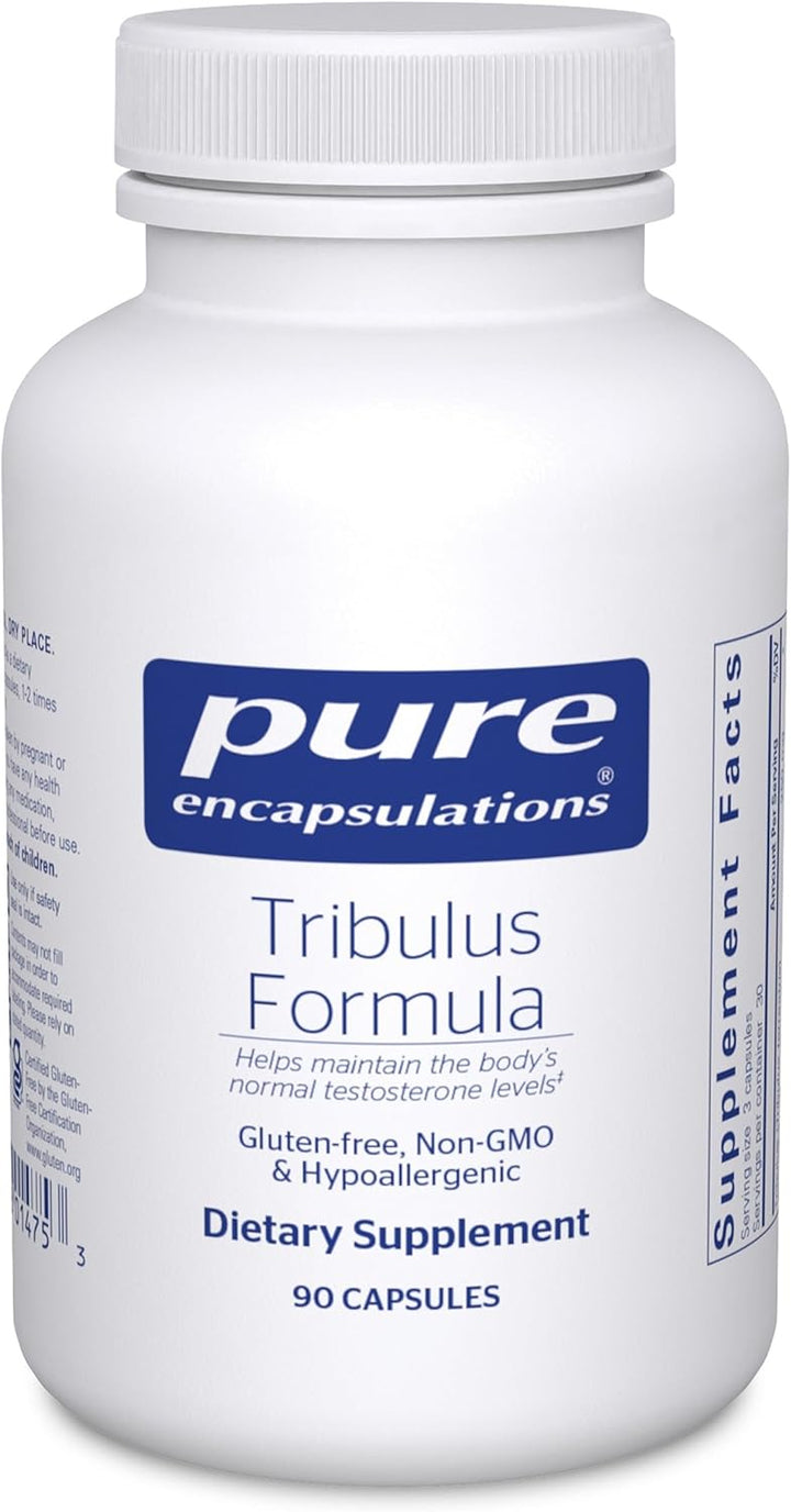 Pure Encapsulations Tribulus Formula dietary supplement bottle with 90 capsules for hormone balance support.