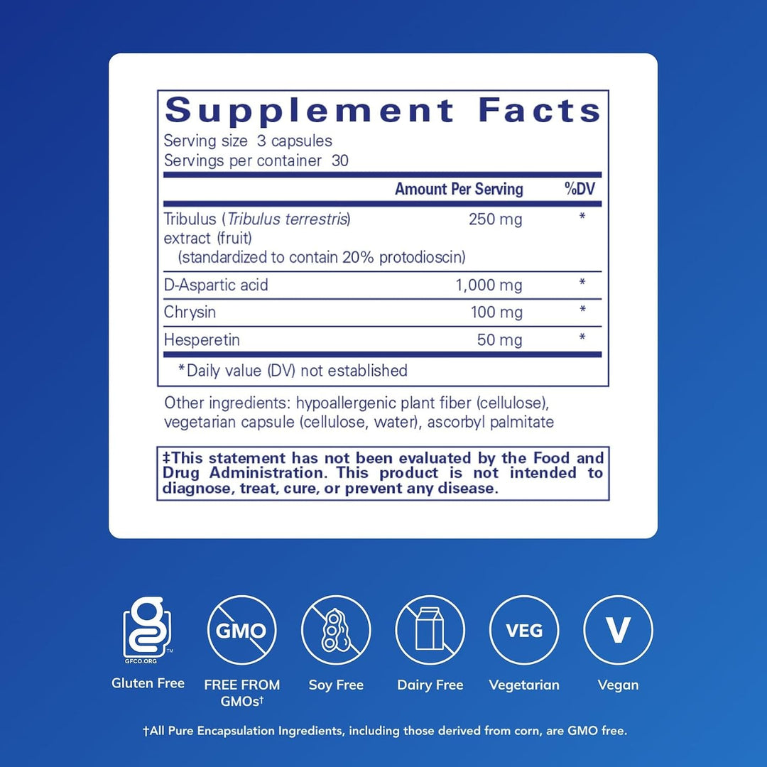 Pure Encapsulations Tribulus Formula dietary supplement capsules for supporting hormone balance, shown in a bottle with 90 capsules.
