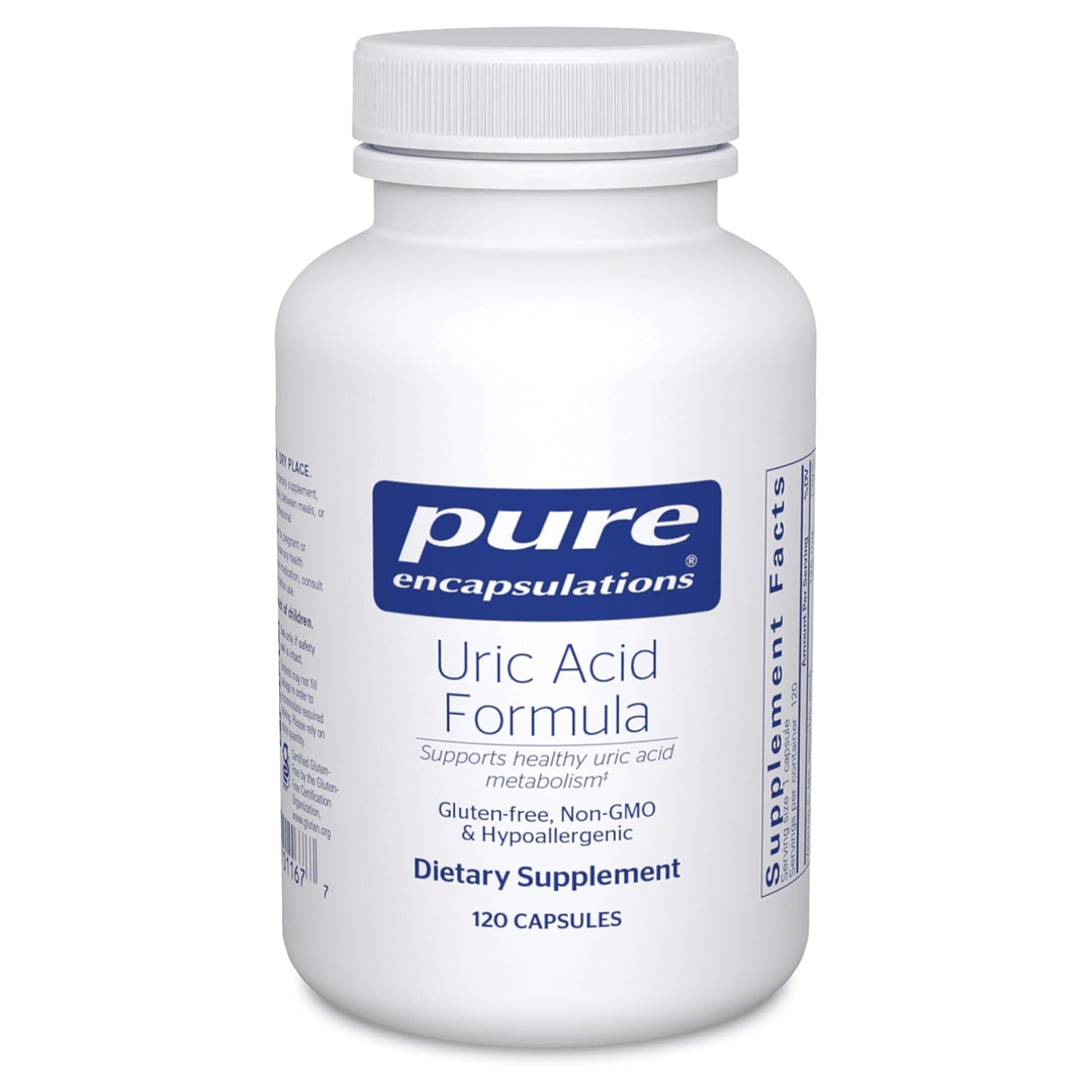 Pure Encapsulations Uric Acid Formula herbal vitamin supplement in a bottle of 120 capsules, designed to support uric acid health.