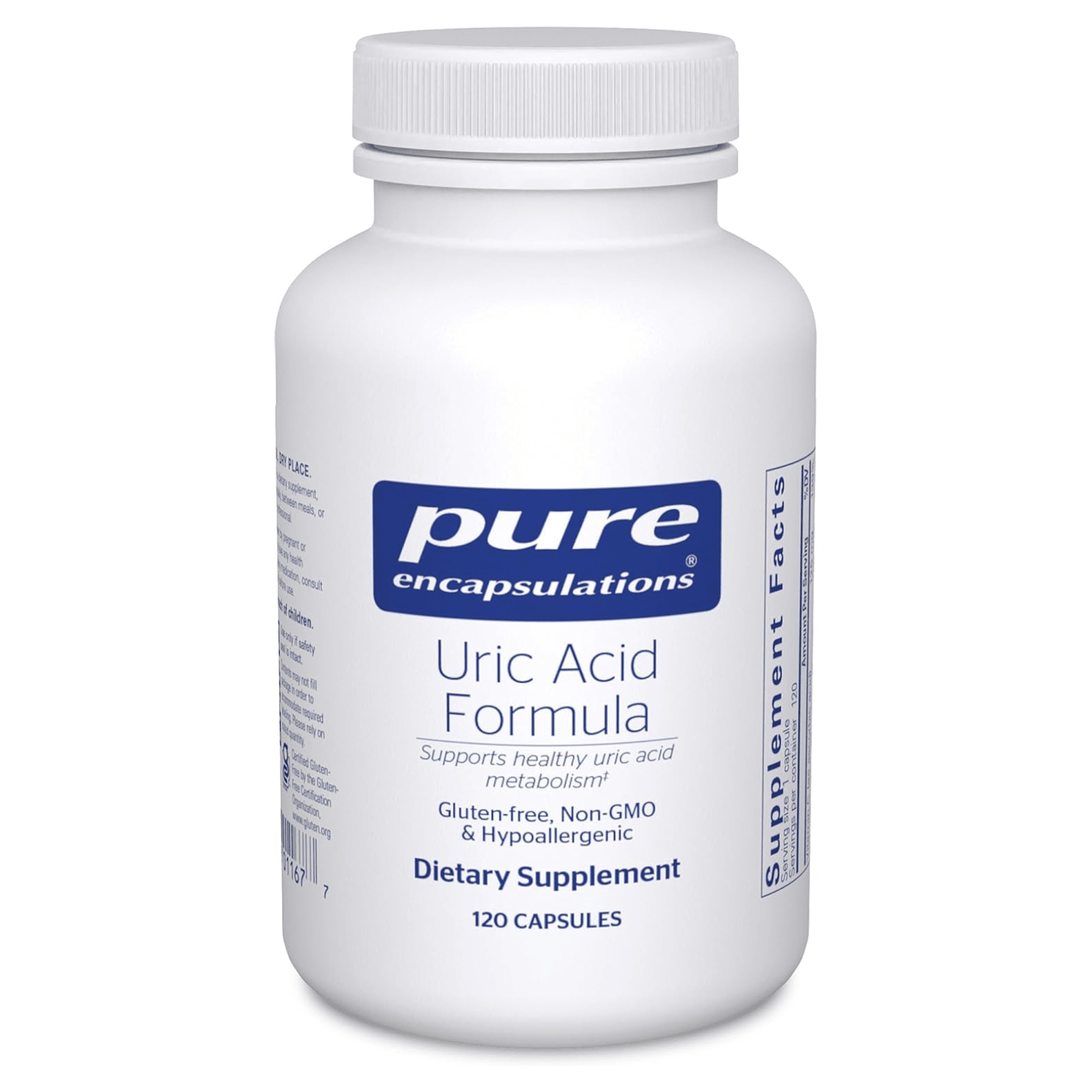 Pure Encapsulations Uric Acid Formula herbal vitamin supplement in a bottle of 120 capsules, designed to support uric acid health.