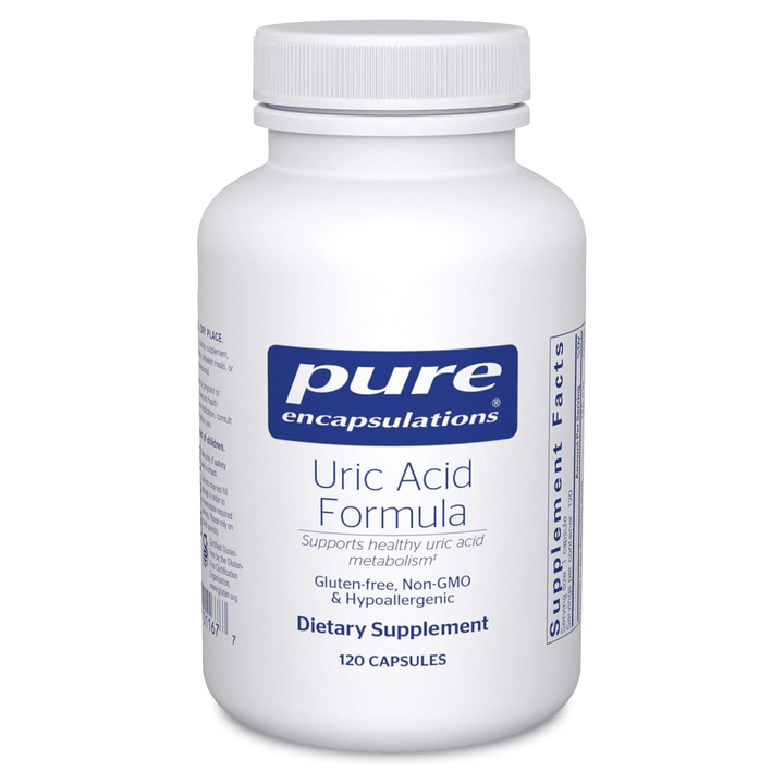 Pure Encapsulations Uric Acid Formula herbal vitamin supplement in a bottle of 120 capsules, designed to support uric acid health.