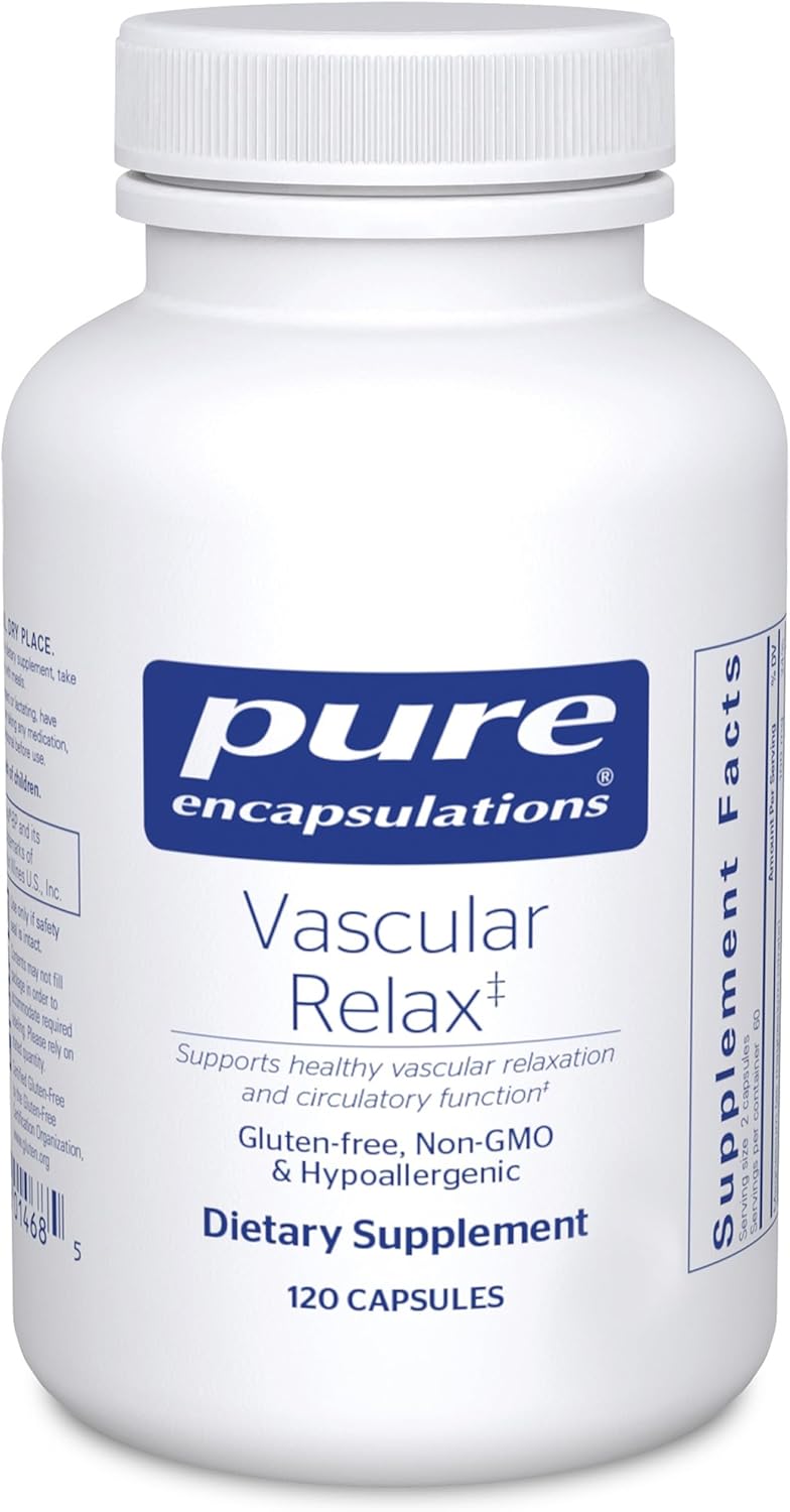 Pure Encapsulations Vascular Relax dietary supplement bottle with 120 capsules for circulatory support.