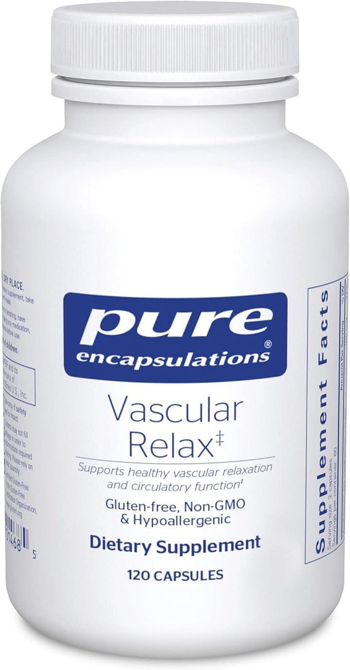 Pure Encapsulations Vascular Relax dietary supplement bottle with 120 capsules for circulatory support.