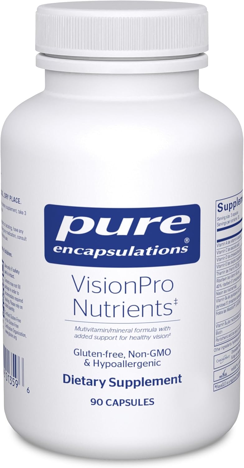 Pure Encapsulations VisionPro Eye Support Dietary Supplement capsules in a clear bottle with a label showing eye health benefits.