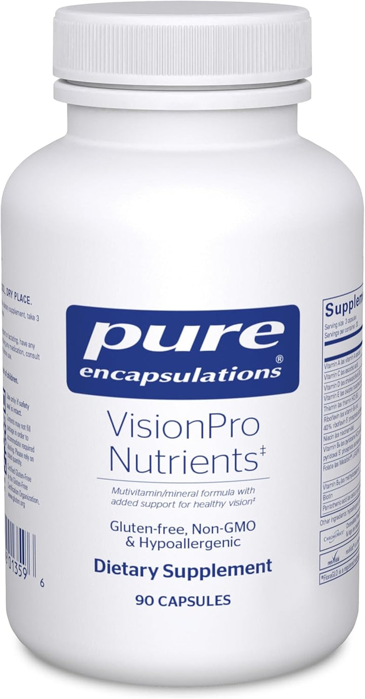 Pure Encapsulations VisionPro Eye Support Dietary Supplement capsules in a clear bottle with a label showing eye health benefits.