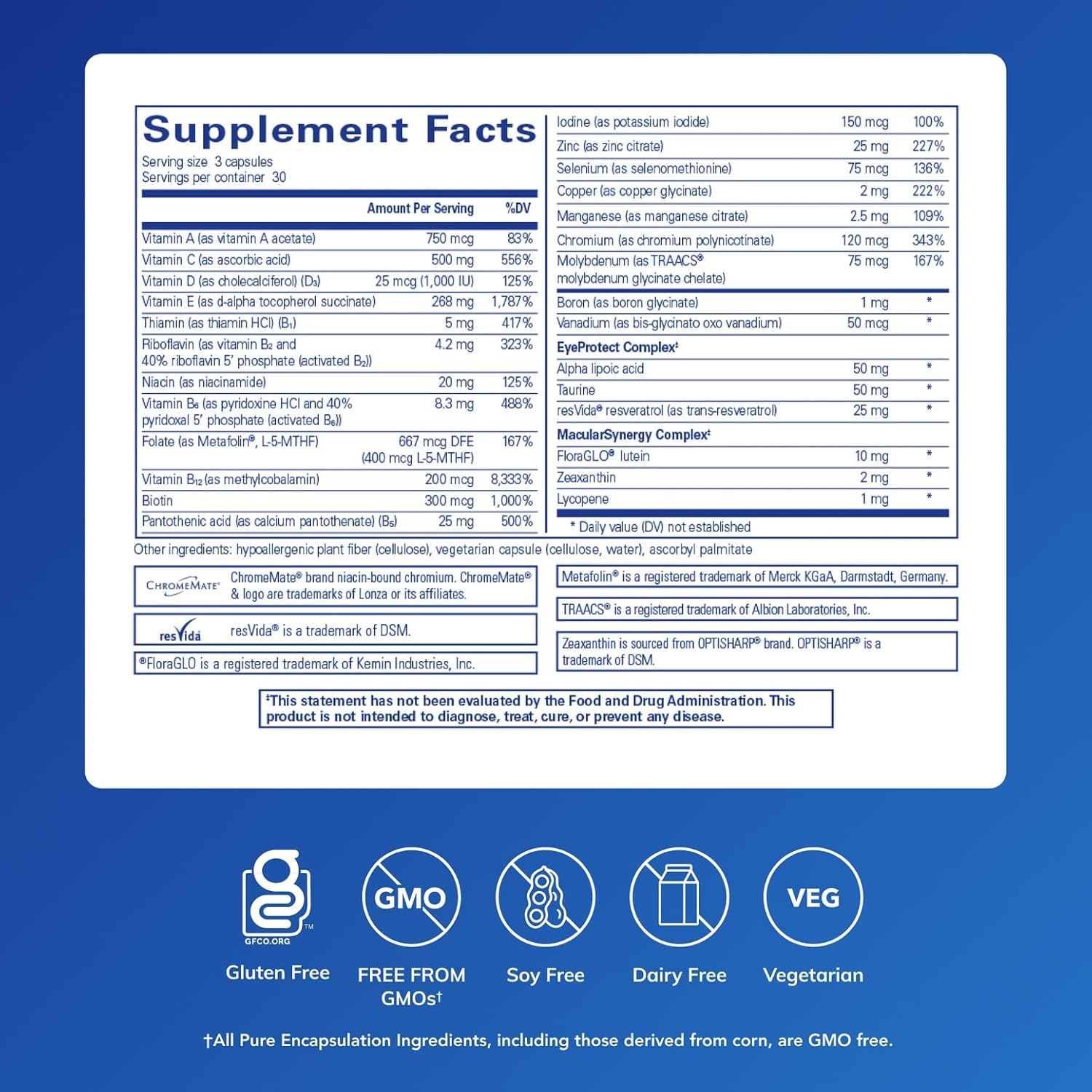 Pure Encapsulations VisionPro eye support dietary supplement capsules, designed to promote eye health and clarity.