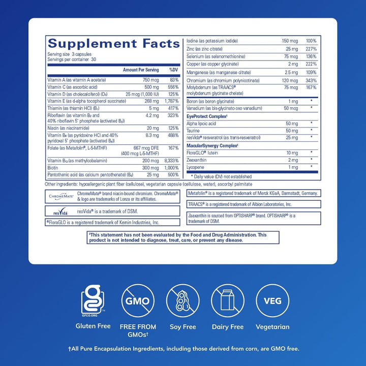 Pure Encapsulations VisionPro eye support dietary supplement capsules, designed to promote eye health and clarity.