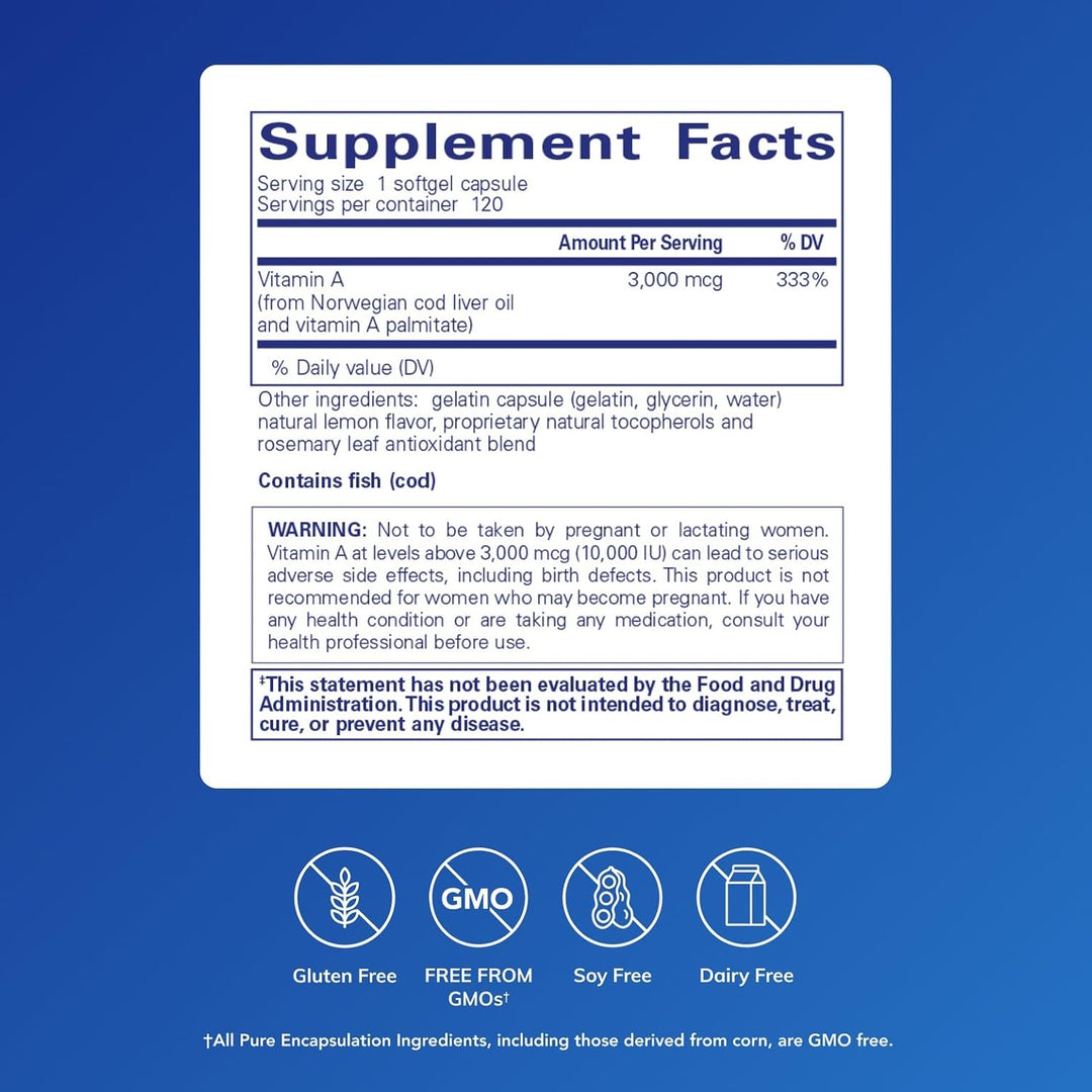Pure Encapsulations Vitamin A Cod Liver Oil supplement in softgel capsules, 10,000 IU, 120 softgels dietary supplement.