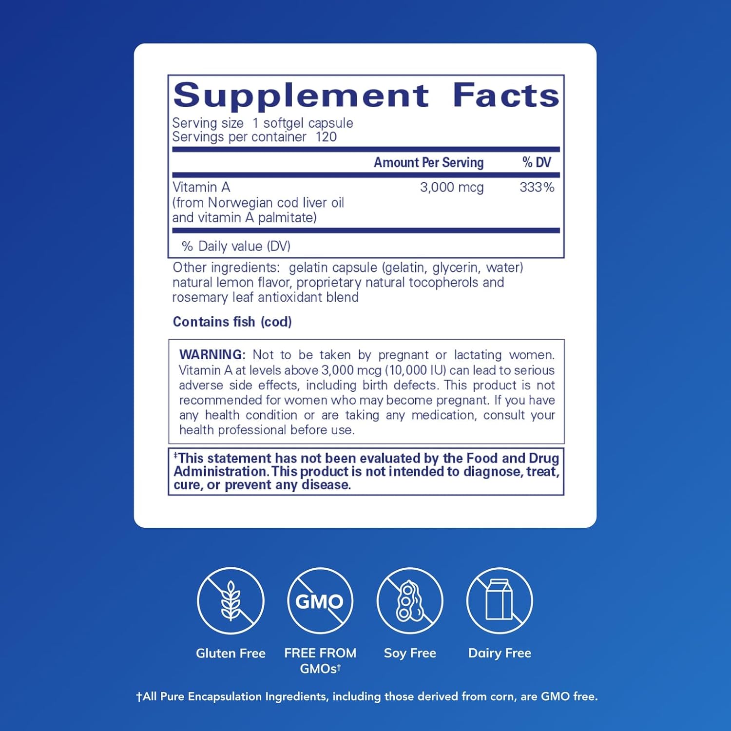 Pure Encapsulations Vitamin A Cod Liver Oil supplement in softgel capsules, 10,000 IU, 120 softgels dietary supplement.