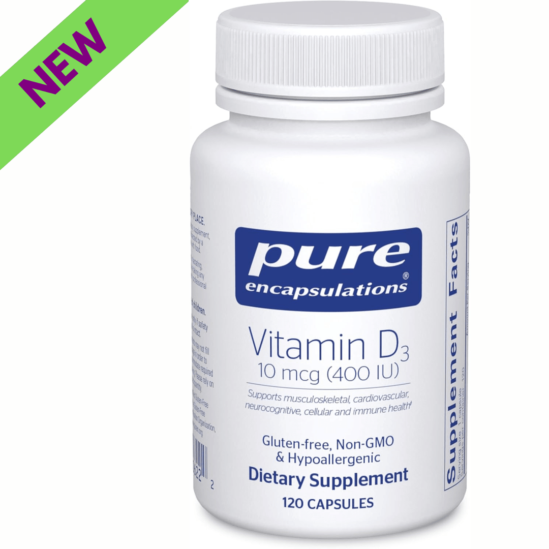 Pure Encapsulations Vitamin D3 400 IU dietary supplement bottle with 120 capsules for bone, heart, and immune health.