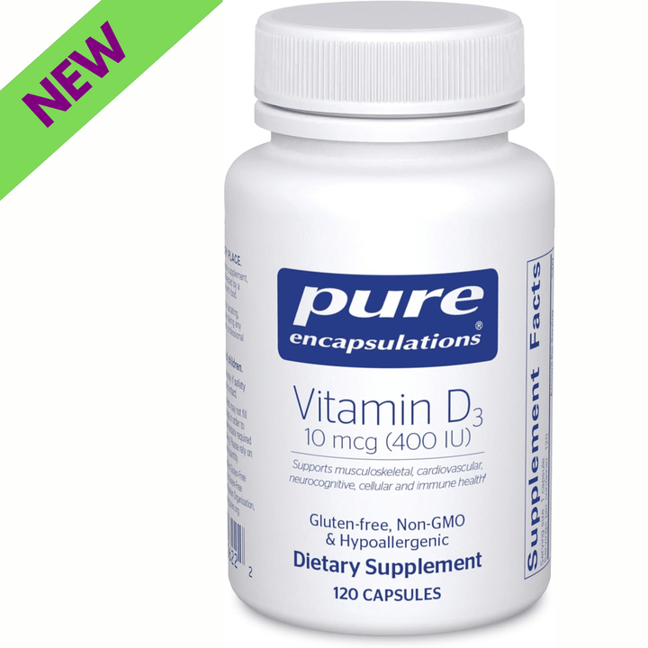 Pure Encapsulations Vitamin D3 400 IU dietary supplement bottle with 120 capsules for bone, heart, and immune health.