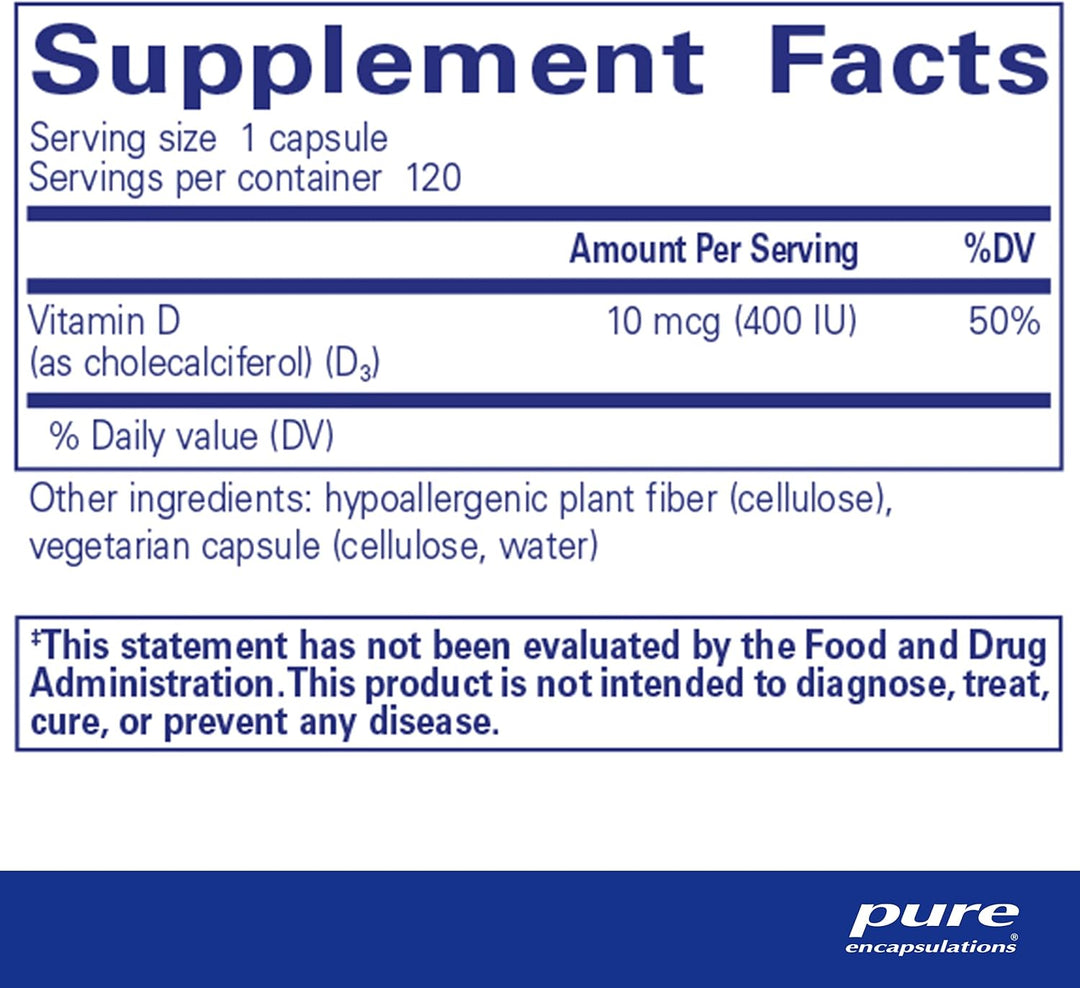 Pure Encapsulations Vitamin D3 400 IU dietary supplement capsules for bone, heart, and immune health.