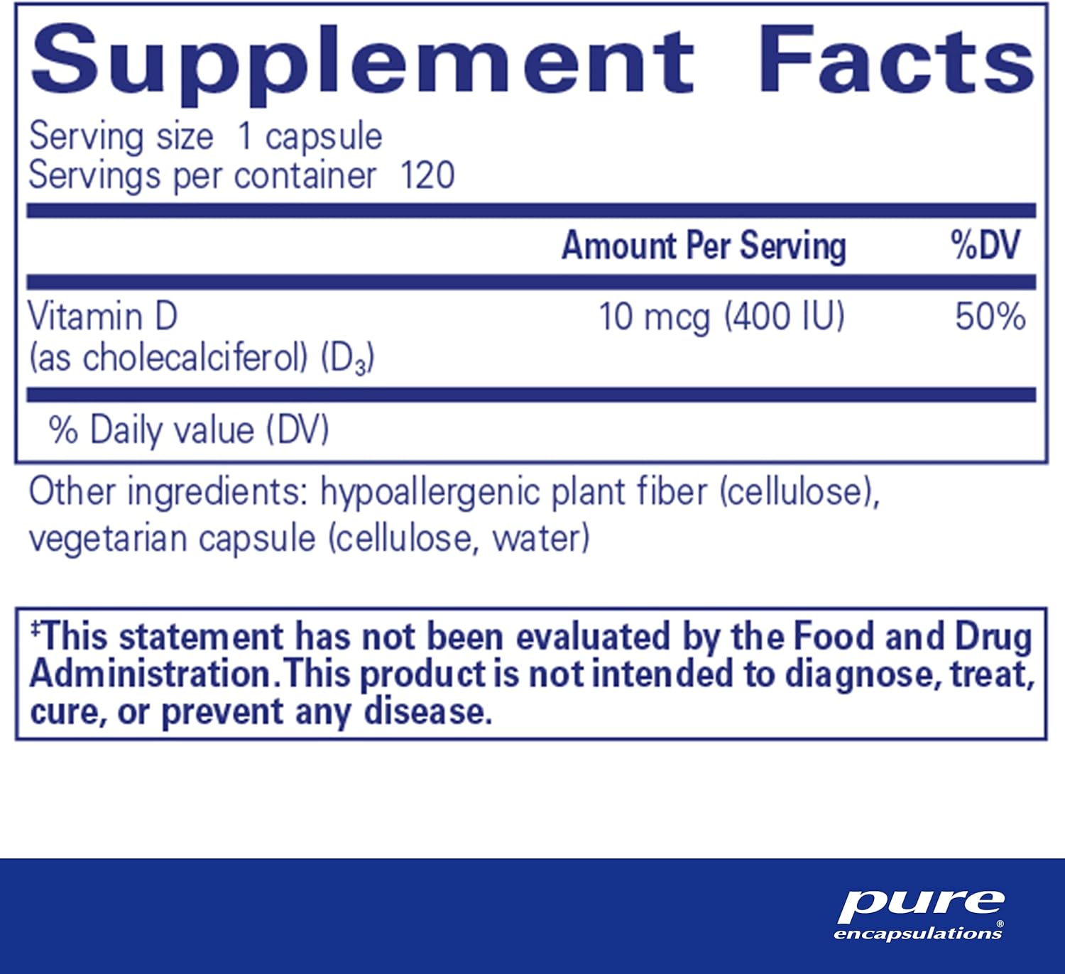Pure Encapsulations Vitamin D3 400 IU dietary supplement capsules for bone, heart, and immune health.