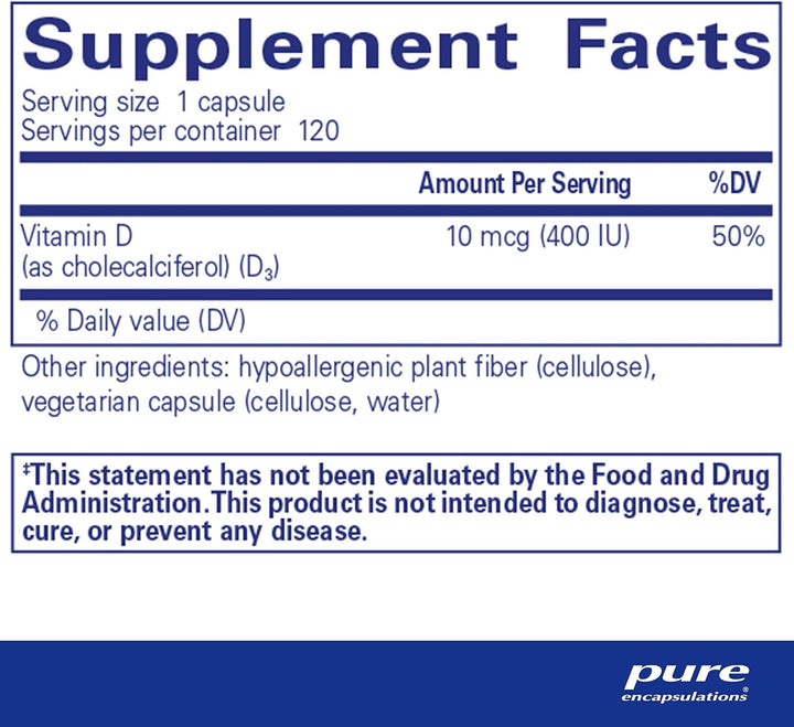 Pure Encapsulations Vitamin D3 400 IU dietary supplement capsules for bone, heart, and immune health.