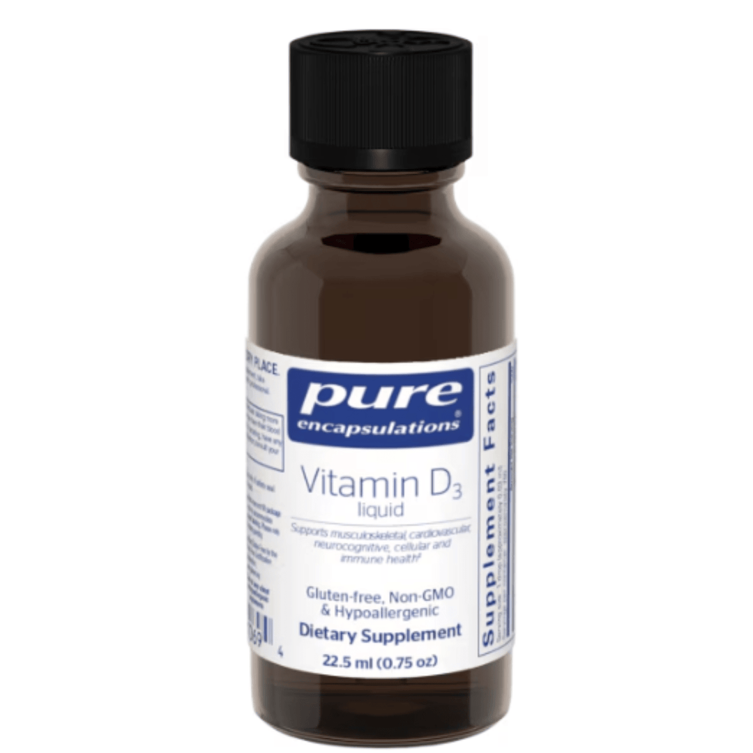 Pure Encapsulations Vitamin D3 Liquid dietary supplement in a 22.5ml bottle, supports bone and immune health.
