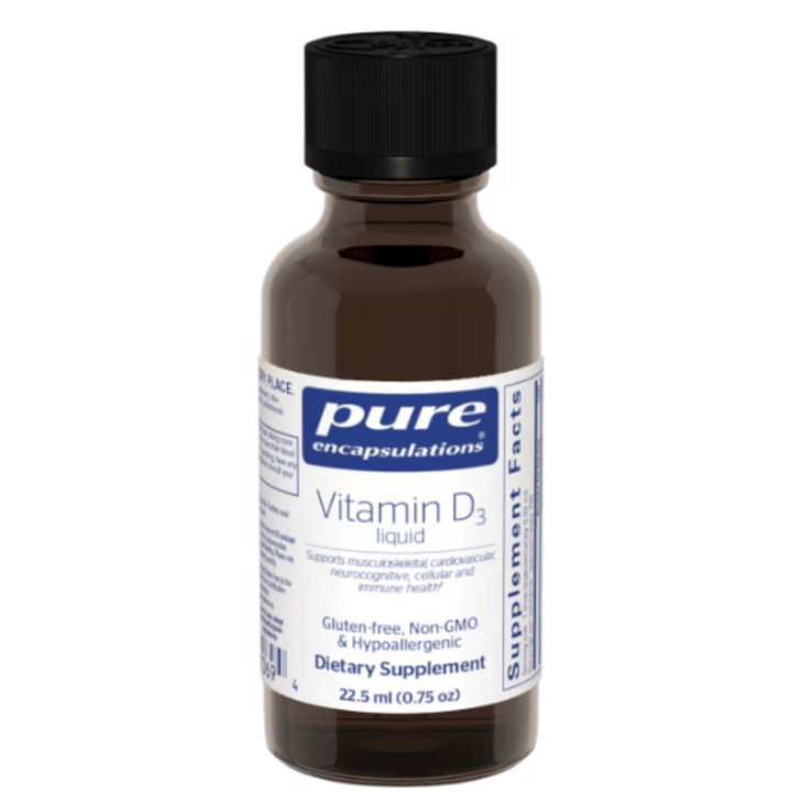 Pure Encapsulations Vitamin D3 Liquid dietary supplement in a 22.5ml bottle, supports bone and immune health.