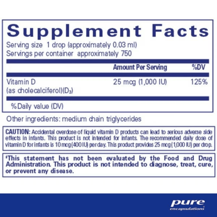 Pure Encapsulations Vitamin D3 Liquid dietary supplement in a 22.5ml bottle supporting bone and immune health.