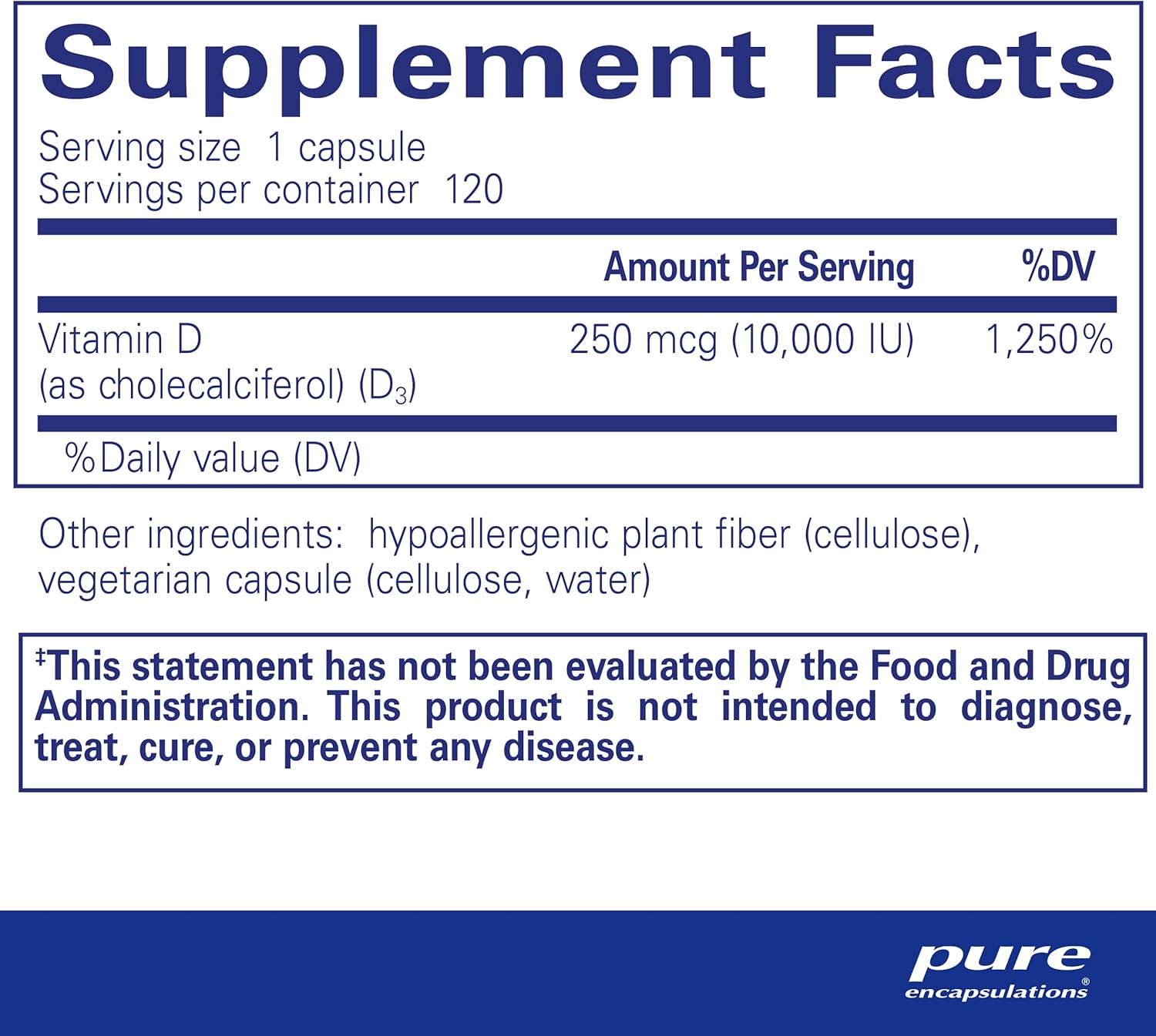 Pure Encapsulations Vitamin D3 dietary supplement bottle with 120 caps supporting bone, heart, and immune health.