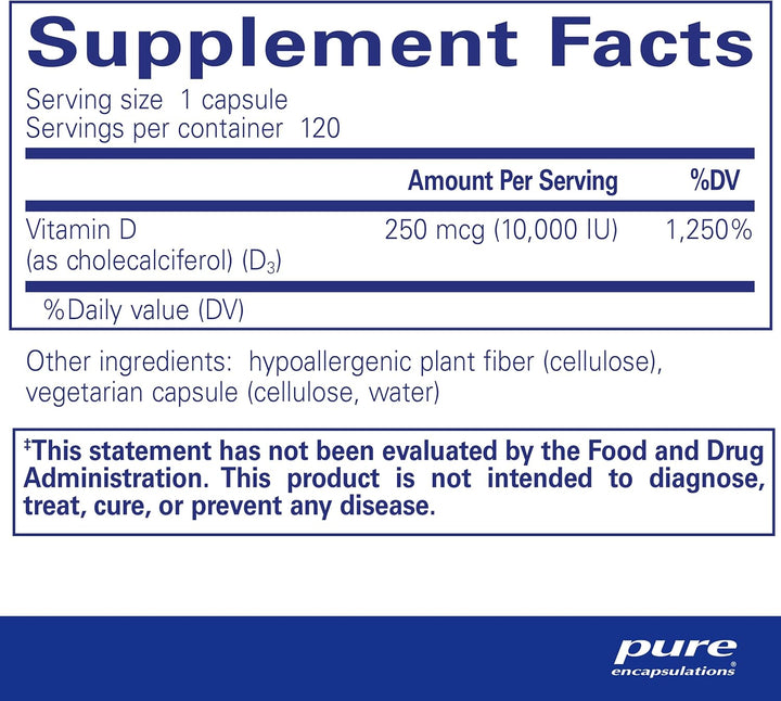 Pure Encapsulations Vitamin D3 dietary supplement bottle with 120 caps supporting bone, heart, and immune health.