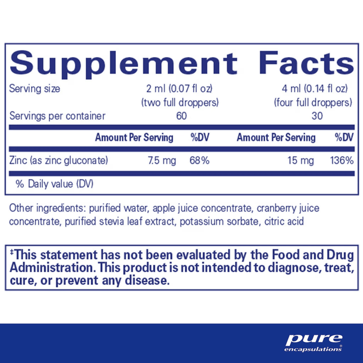 Pure Encapsulations Zinc Liquid dietary supplement in a 120 ml bottle for immune support and cell health.