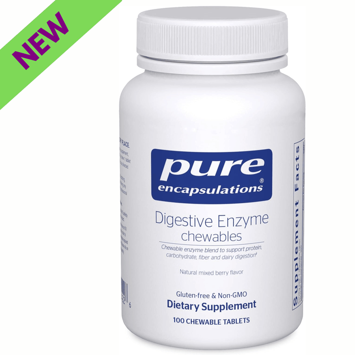 Pure Encapsulations Digestive Enzyme Chewables bottle with 100 tablets, showing the supplement label and product packaging.