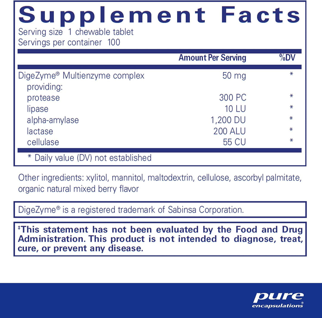Pure Encapsulations Digestive Enzyme Chewables bottle showing 100 tablets, dietary supplement to support digestive health.