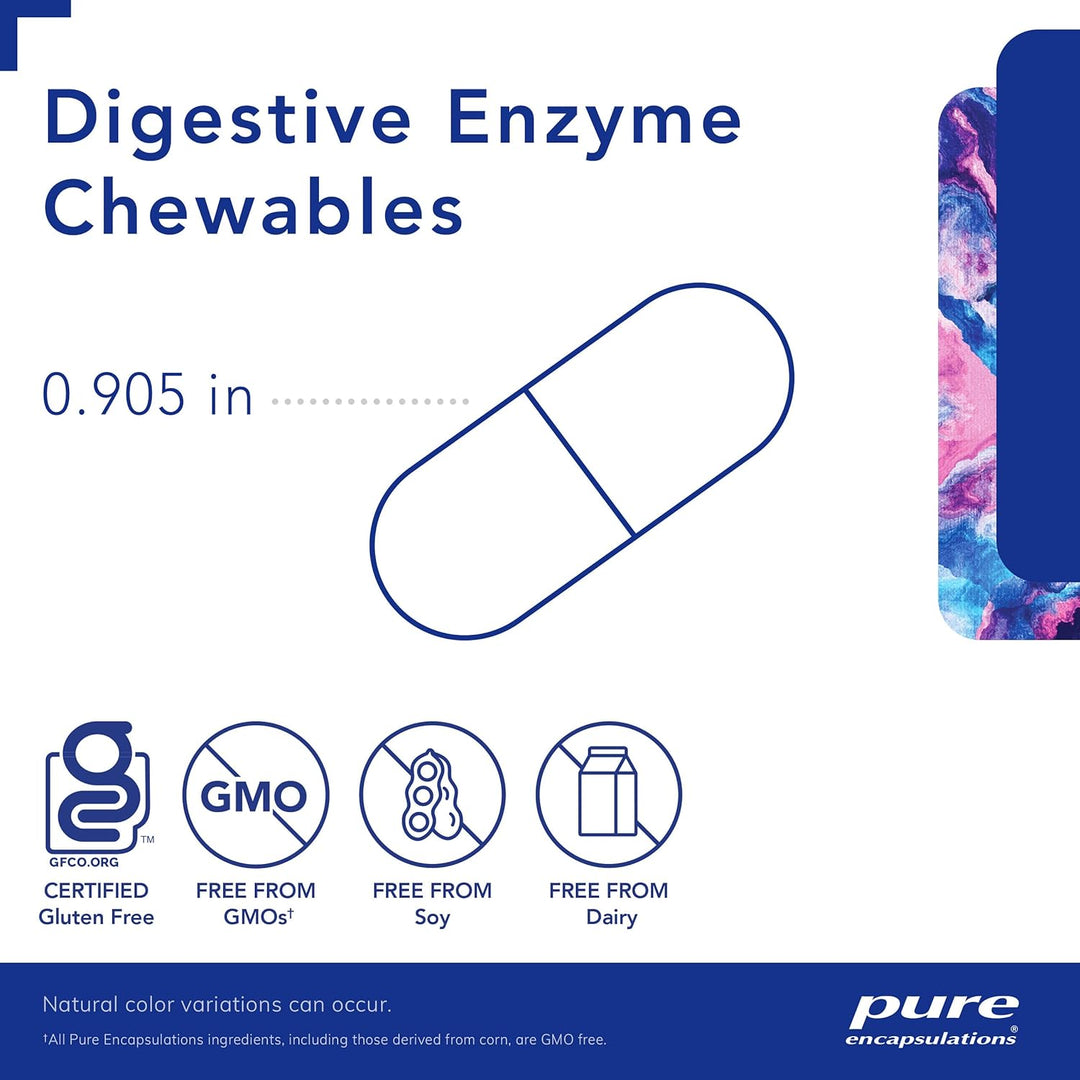 Pure Encapsulations Digestive Enzyme Chewables supplement bottle with 100 tablets, designed to support digestive health.