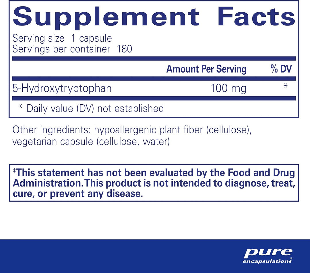 Pure Encapsulations 5HTP 100 mg mood and sleep support vegan capsules, dietary supplement bottle with 180 capsules.