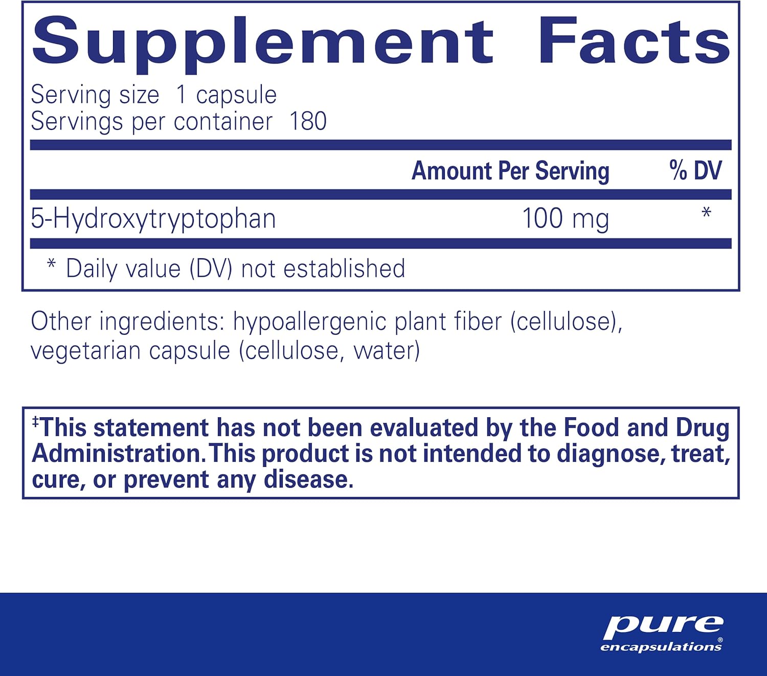 Pure Encapsulations 5HTP 100 mg mood and sleep support vegan capsules, dietary supplement bottle with 180 capsules.