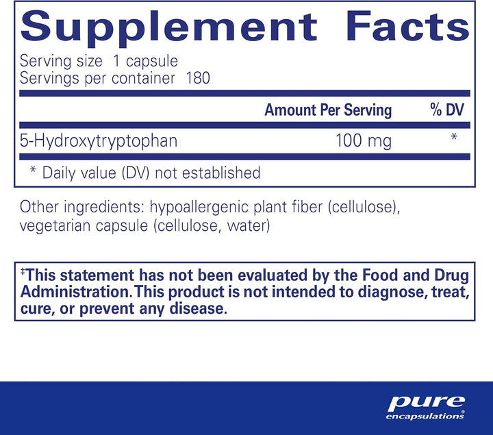Pure Encapsulations 5HTP 100 mg mood and sleep support vegan capsules, dietary supplement bottle with 180 capsules.