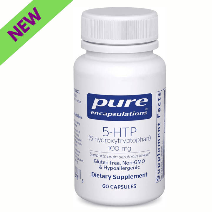 Pure Encapsulations 5HTP 100 mg capsules for mood support and sleep wellness, shown in a bottle with 60 capsules.
