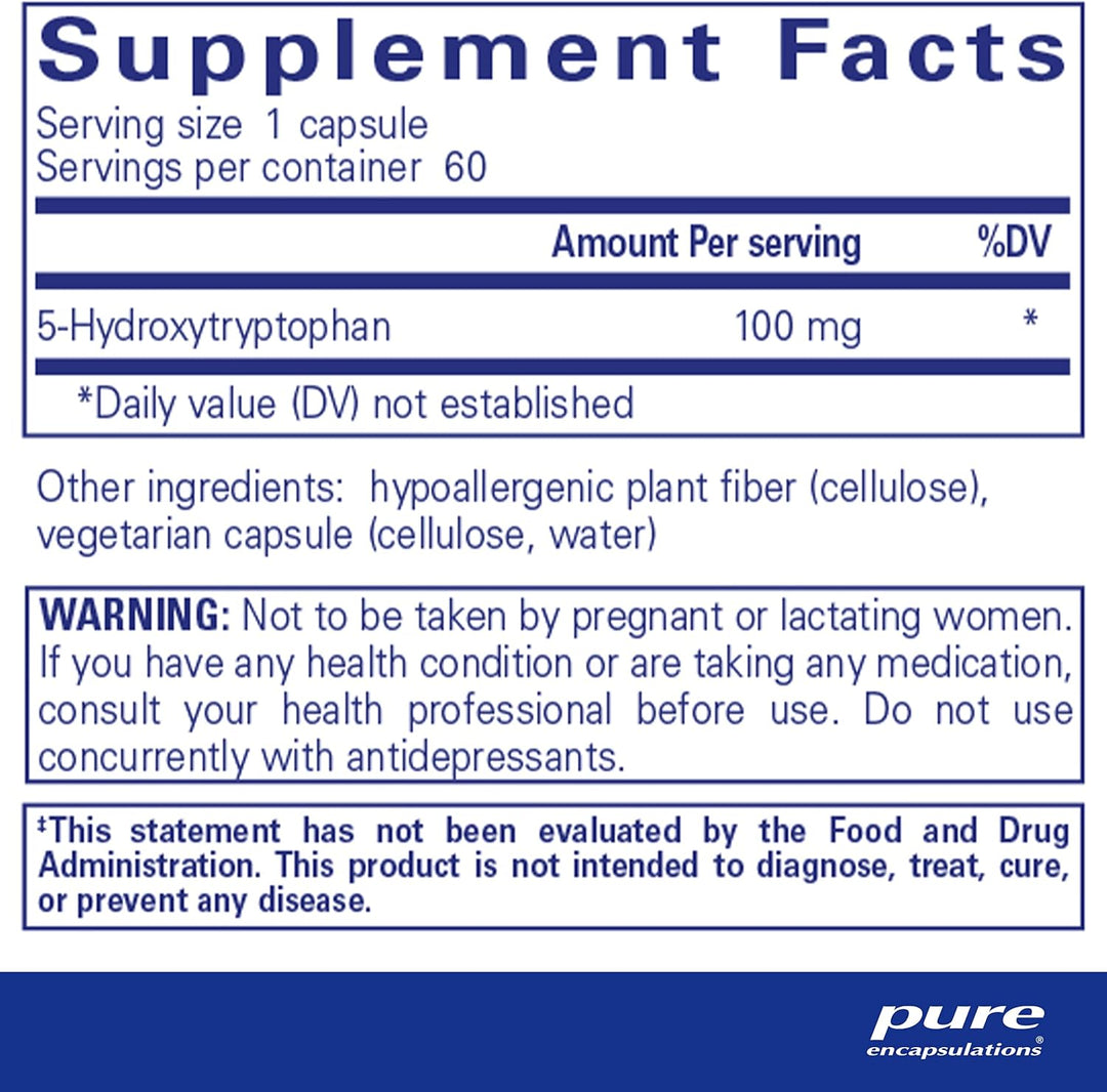 Pure Encapsulations 5HTP 100 mg supplement capsules for mood, sleep, and wellness, 60 vegetarian capsules.