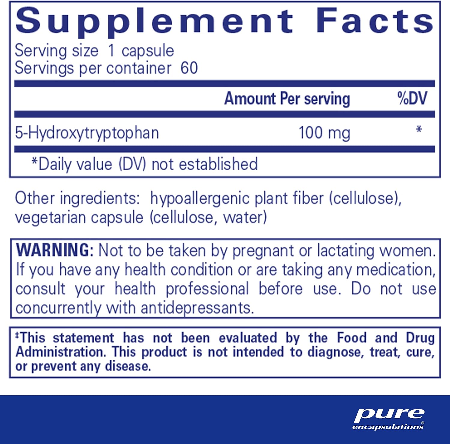 Pure Encapsulations 5HTP 100 mg supplement capsules for mood, sleep, and wellness, 60 vegetarian capsules.